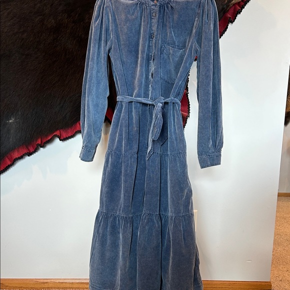 Pilcro Marta Washed Blue Button-Front Tiered Cord Midi Dress with Self-Tie Waist - Picture 2 of 5